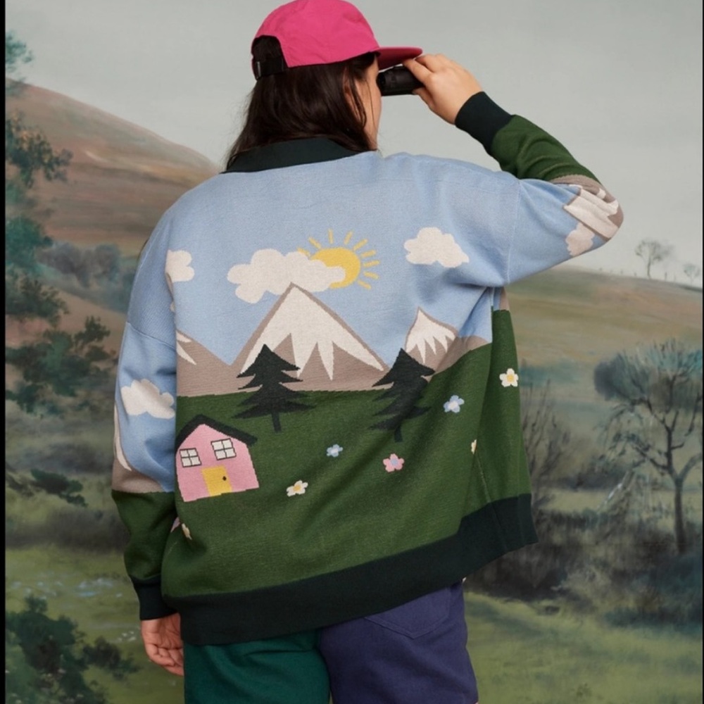 Lazy Oaf Scenic Mountain Cardigan in Light Blue, Green, Pink